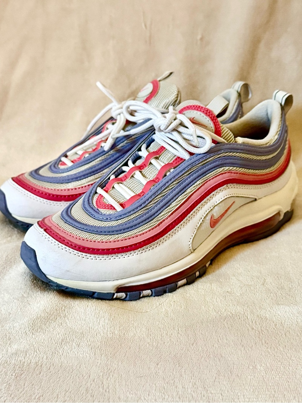Nike Air Max 97 Trainer - White with Pink & Blue Accents Coral Chalk Size 6.5